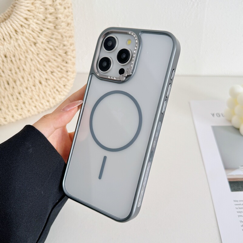 肌触りの良い細い磁気吸着式iPhone17promax用スマホケース、Apple16用蝶結びダイヤモンド付きレンズ保護|undefined