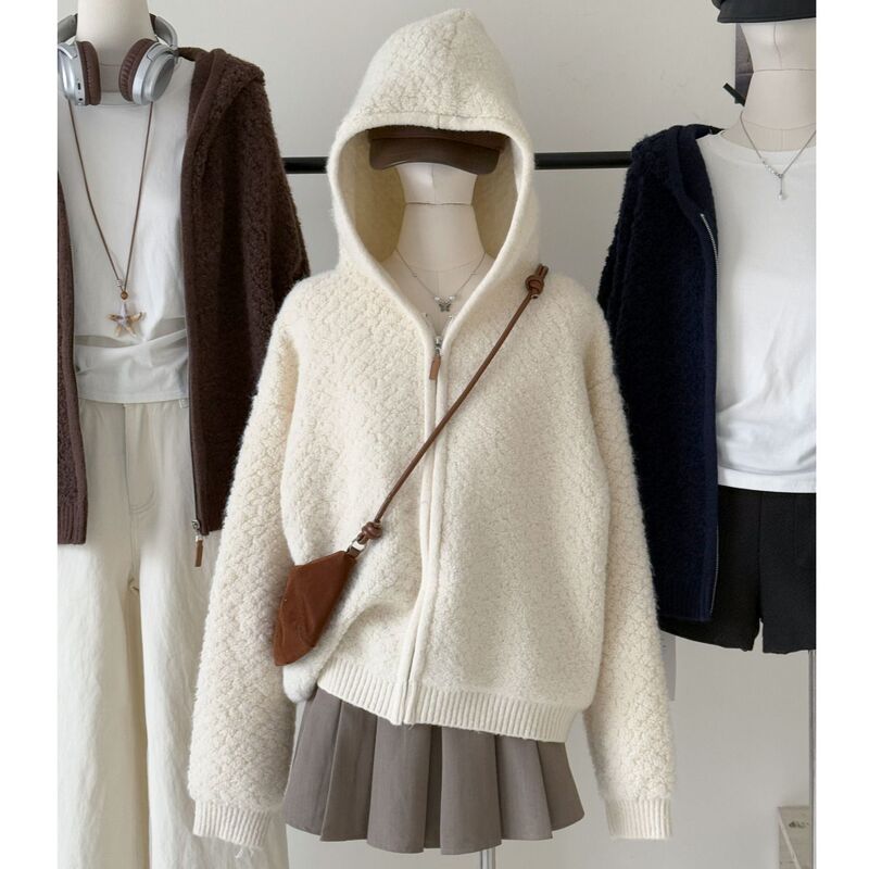 Lazy Style Soft and Waxy Warm Lamb Wool Hooded Jacket for Women Korean Style Loose Casual Versatile Knitted Cardigan Top
