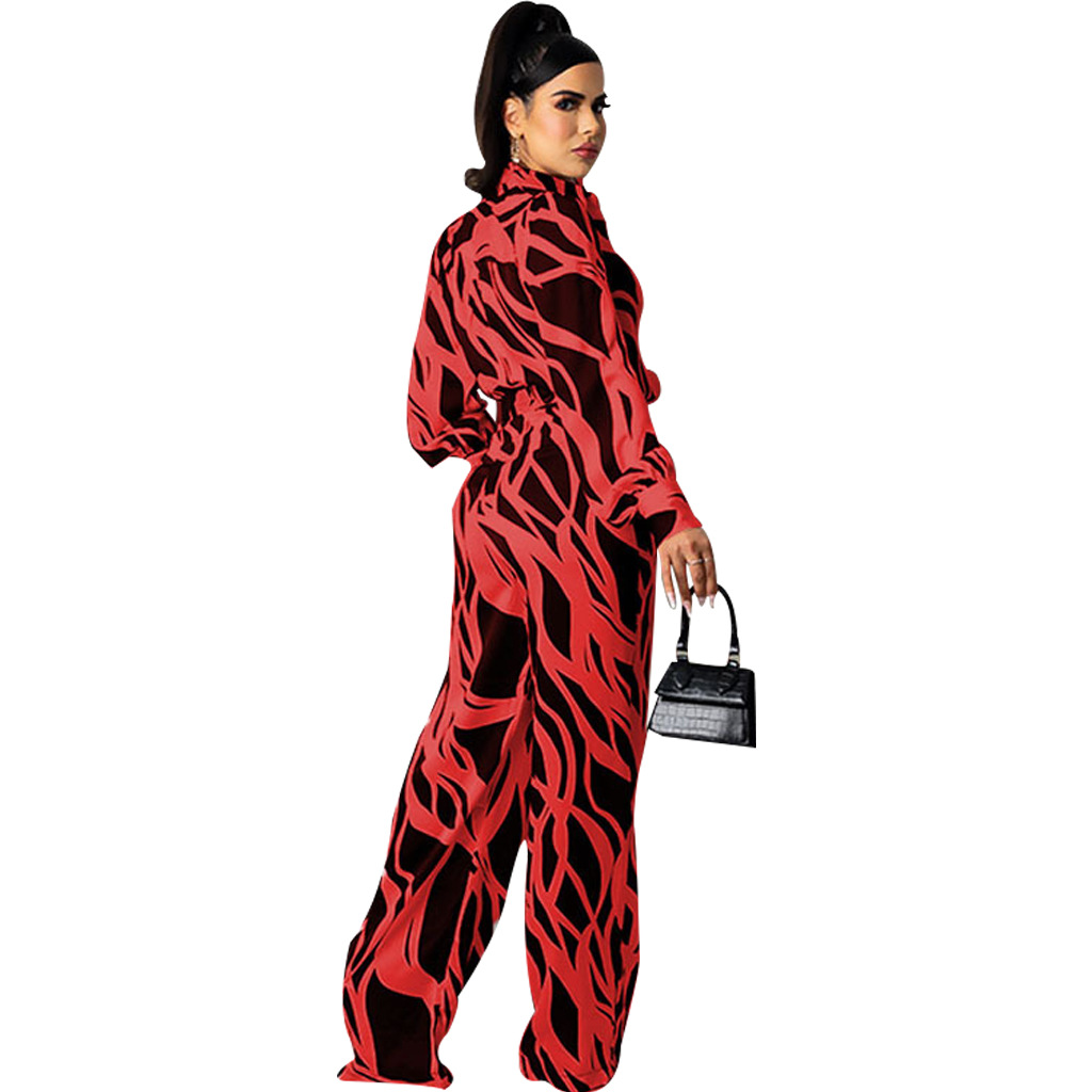 Printing Lapel V-Neck Waist Long Sleeve Jumpsuit NSMRF116724