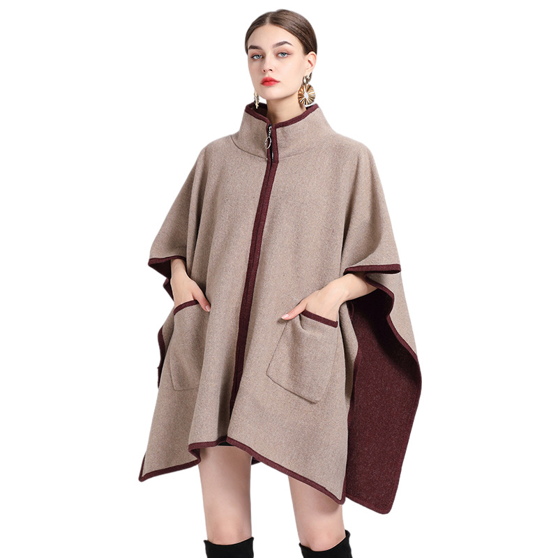 Stand collar pocket zipper cape cape large size knitted cardigan sweater coat woman_voghion.com