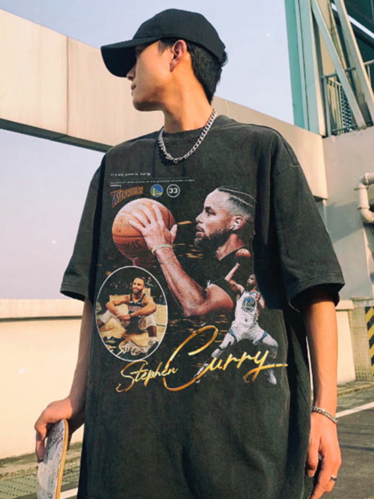 Verano nuevo Curry estilo americano impresión retro baloncesto camiseta de mangas cortas suelta pesada lavado con agua hacer viejos hombres y mujeres t