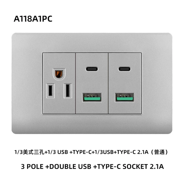 1/3 American three-hole + 1/3 USB + TYPE-C + 1/3 USB + TYPE-C 2.1A