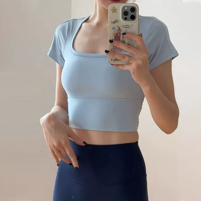 瑜伽T恤带胸垫女大码胖mm跑步健身上衣普拉提训练服户外运动短袖