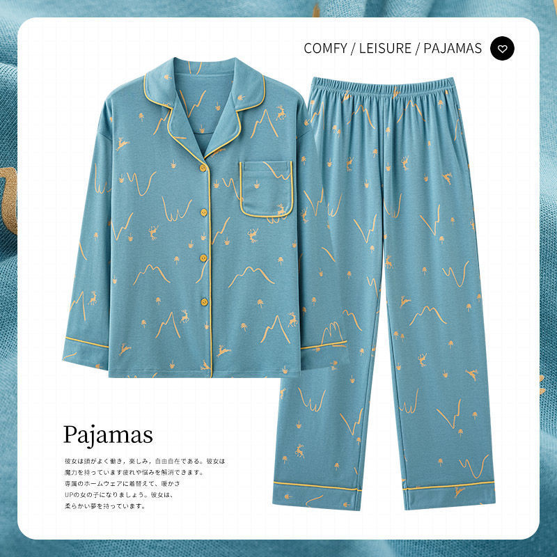 De gama alta 100% pijamas de algodón de las mujeres de primavera y otoño de verano de manga larga cardigan dulce casual suelta casa desgaste mamá traje