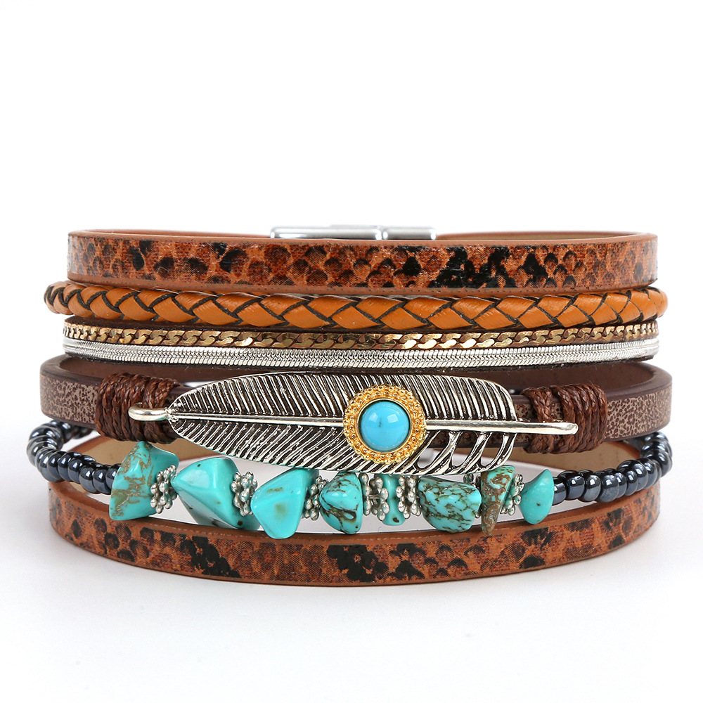 Leather Beaded Bracelet With Boho Feather And Turquoise Charm_voghion.com