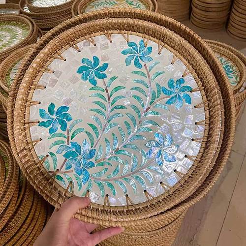 Vietnamese rattan woven shell plate, colorful shell fruit plate, decorative stand, jewelry storage tray, tea plate, utensil plate, wholesale