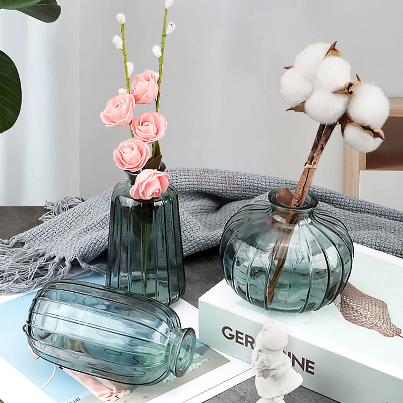 Стеклянная ваза в японском стиле небольшого размера в стиле ins креативный рельефный вертикальный узор Мини Короткая ваза украшения для дома и гостиной