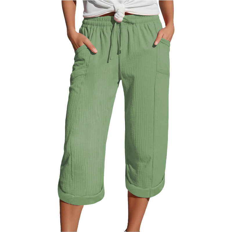 Summer European and American Cross-Border Foreign Trade Women's Clothing Solid Color Elastic Waist Pleated Pocket Plus-Size Capri Pants Women's European and American Hot Item