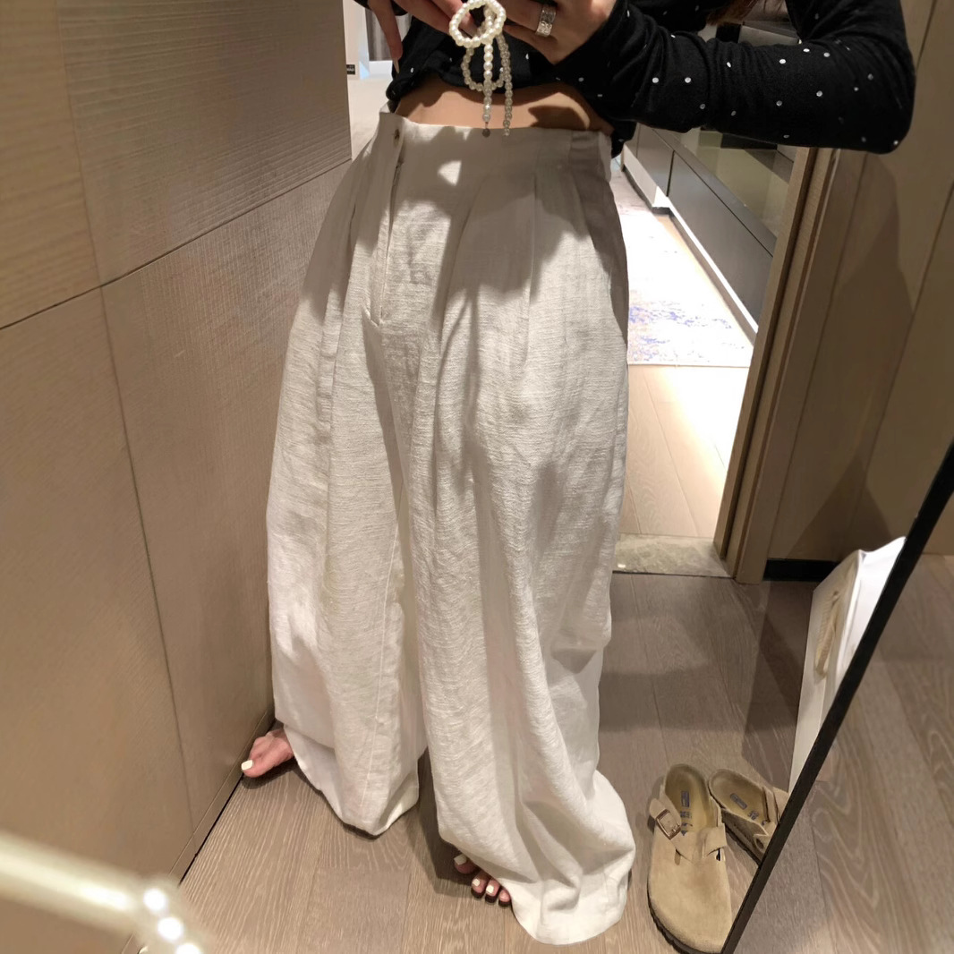 White Ramie Wide-leg Pants Women's 2025 Spring Lazy Style All-match Loose Dosing Linen Straight Long Pants