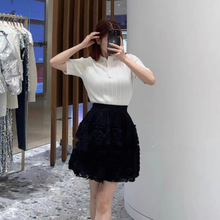 M法式小众2025早春女装时尚钻饰翻领纯色短袖针织衫