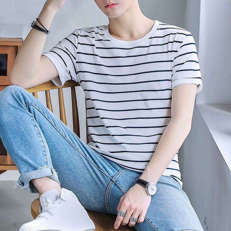 Short-sleeved T-shirt Men's Summer Hong Kong-style Korean-style Fashionable bf All-match Striped Top Casual Couple Student Half-sleeved T-shirt Short-sleeved T-shirt Men's Summer Hong Kong-style Korean-style Fashionable bf All-match Striped Top Casual Couple Student Half-sleeved T-shirt