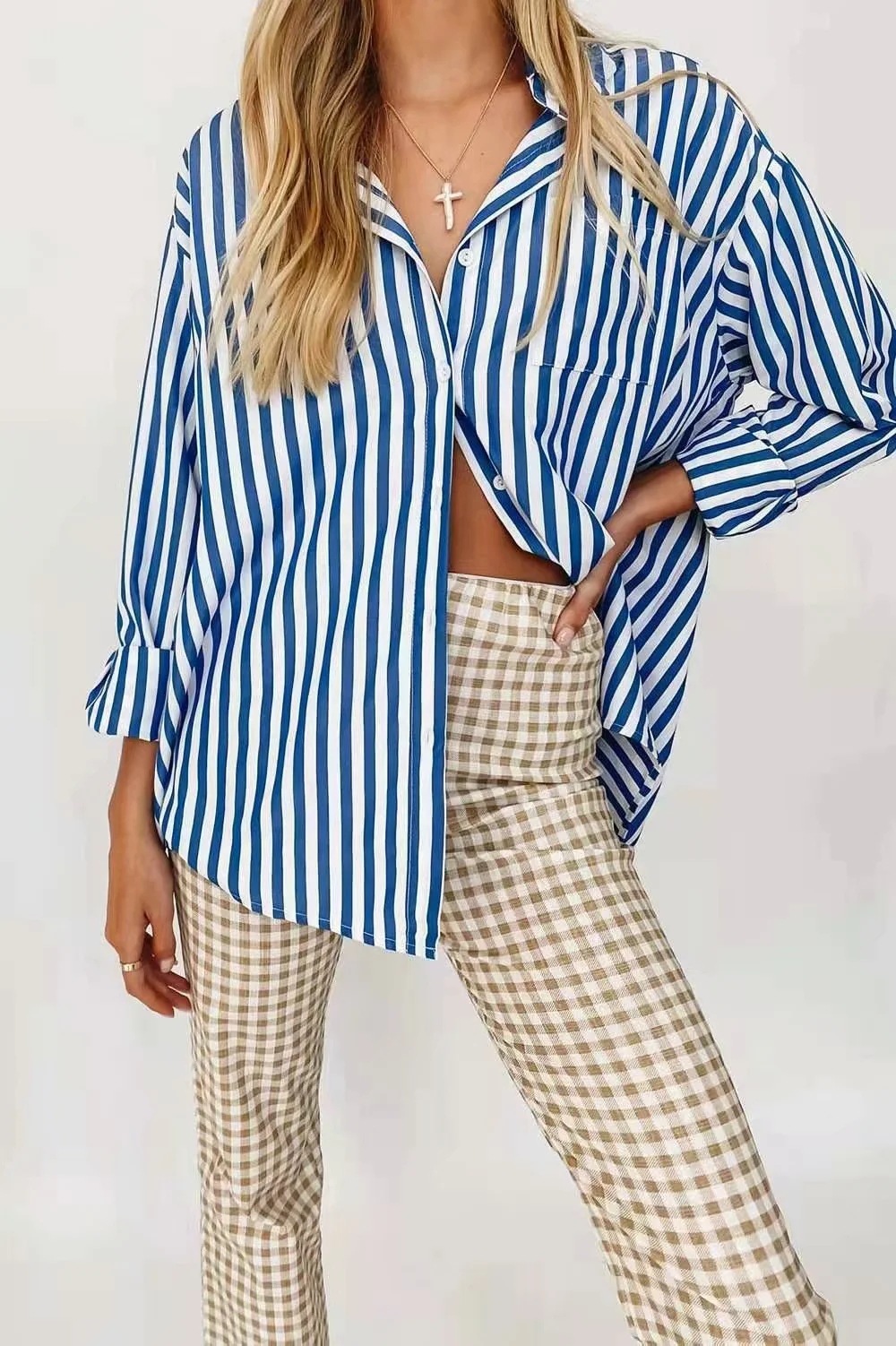 lapel long sleeve loose striped shirt   NSAC45757