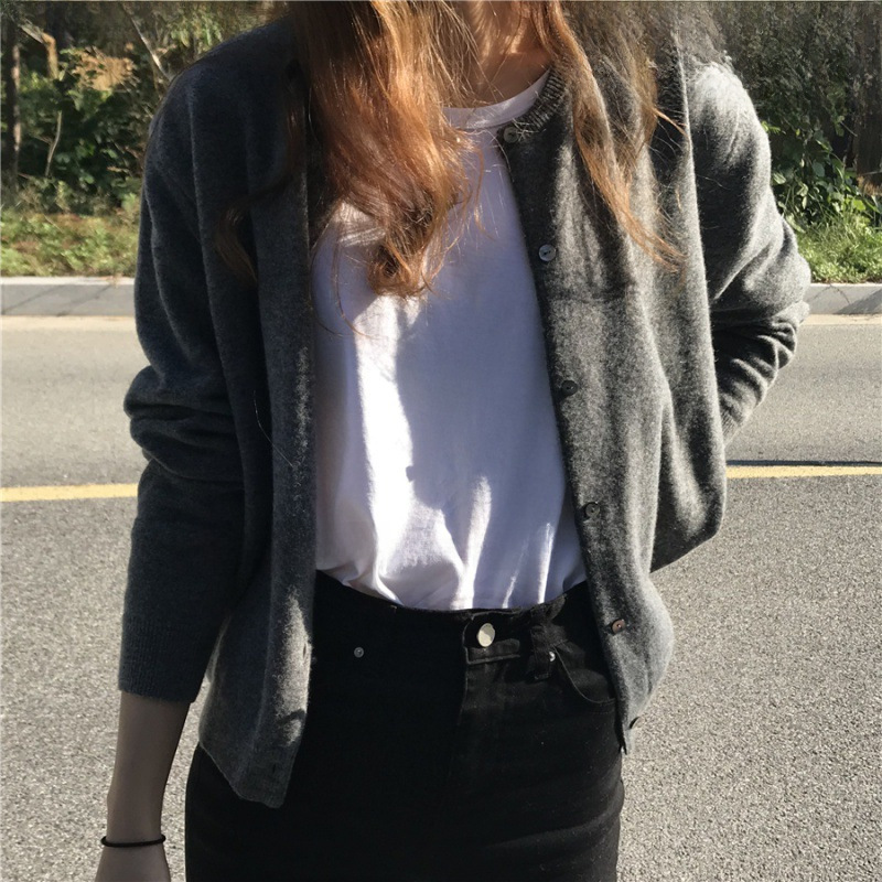 스팟 모직 봄 가을 신상 라운드 넥 보라색 짧은 니트 가디건 여성용 루즈한 아우터 스웨터 재킷