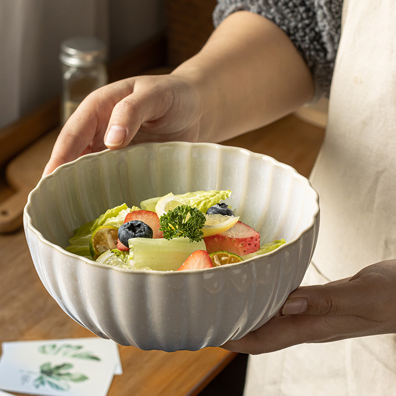 Tazón retro de cerámica con borde de pétalo, tazón de verduras para el hogar, tazón de ensalada de frutas, tazón de sopa de gran capacidad de estilo europeo, tazón de fideos, vajilla al por mayor