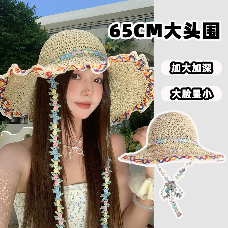 Women's Straw Hat 2025 New Summer Style Hollow Lace Straw Hat Large Head Circumference Travel Sun Protection Wide Brim Sun Hat