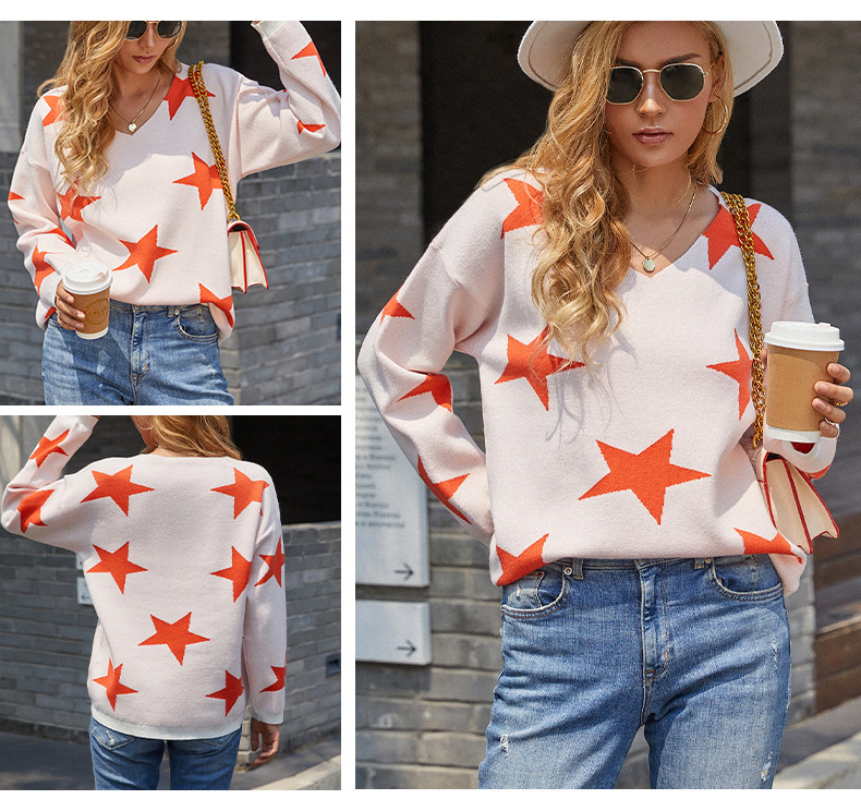 v-neck star printed sweater nihaostyles clothing wholesale NSMMY90310