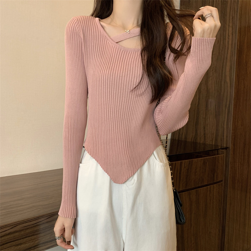 法式不规则纯欲针织打底衫女春秋内搭设计感小众别致短款锁骨上衣