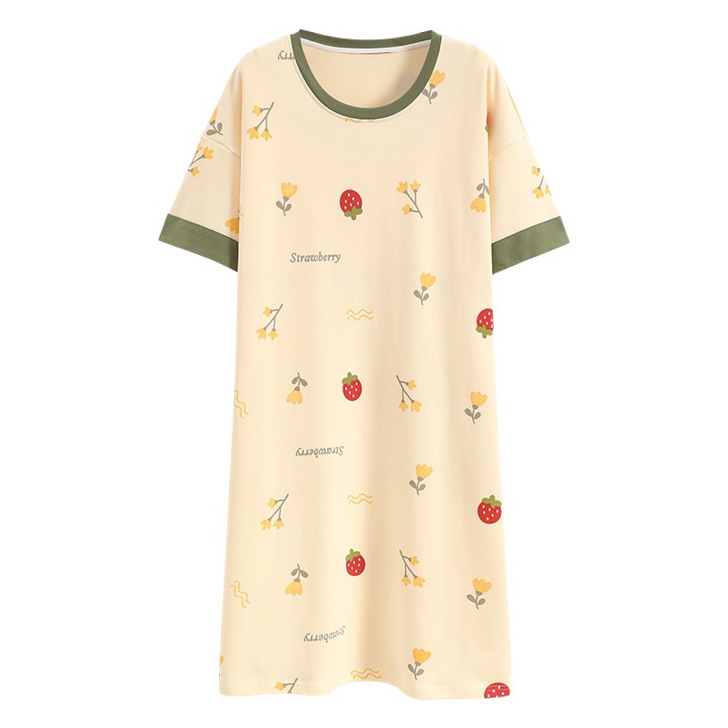 Pijamas con almohadillas para el pecho para mujer, vestido de verano de algodón puro de manga corta y largo medio con dibujos animados, pijamas por encima de la rodilla para mujer, nuevo estilo 2025