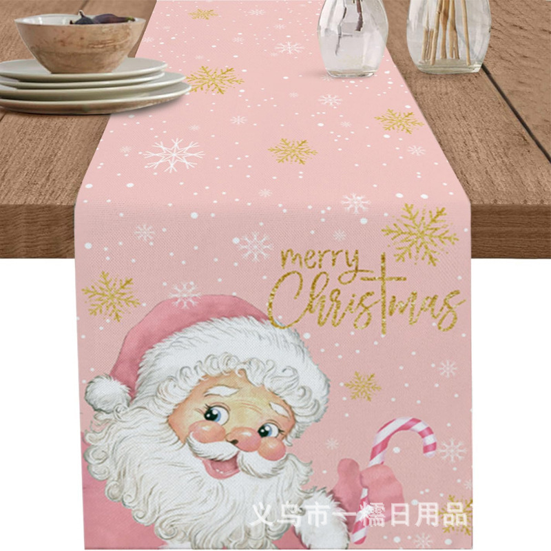 国境を越えて人気のクリスマステーブル旗サンタクロースヘラジカ雪だるま亜麻プリント客間茶卓装飾品|undefined