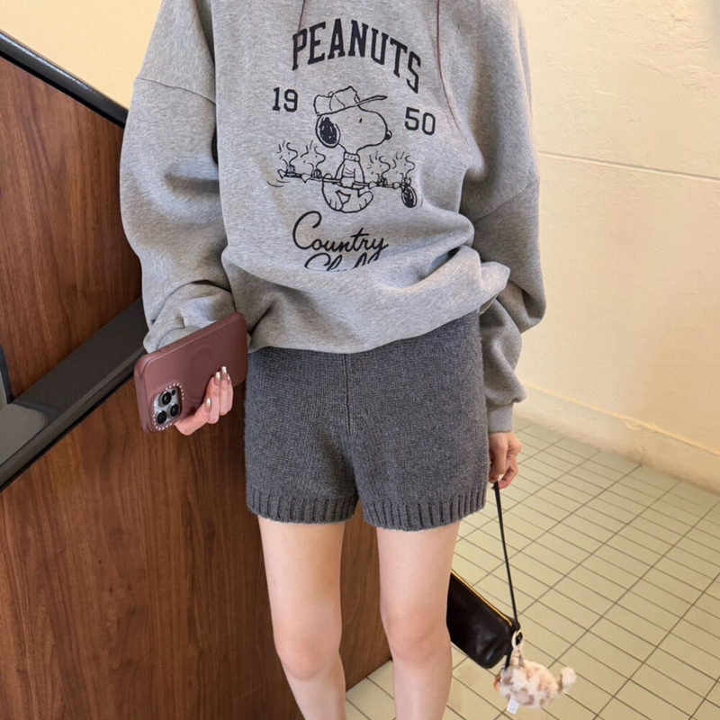 South Korea's Dongdaemun Retro Cartoon Snoopy Print Fleece-Lined Round Neck Sweatshirt Women's Loose Small Gray Top