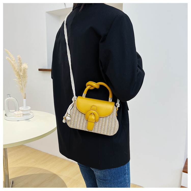 Color Block Pattern Women's Medium Straw Color Block Vacation Beach Weave Square Lock Clasp Straw Bag
