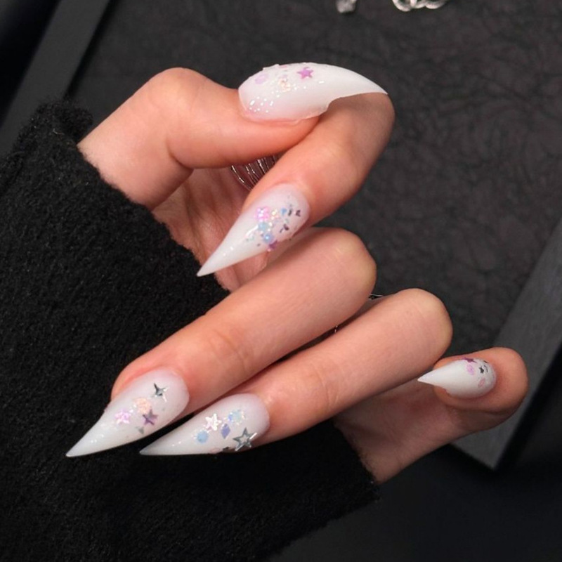 European and American Cross-Border Foreign Trade Dragon Claw Nail Art with White Patterns, Star-Shaped Rhinestones, Colorful Flower Petals, and Cute Style Nail Art