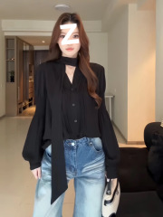大码胖MM法式轻熟简约风时尚V领长袖飘带衬衫女百搭显瘦气质上衣
