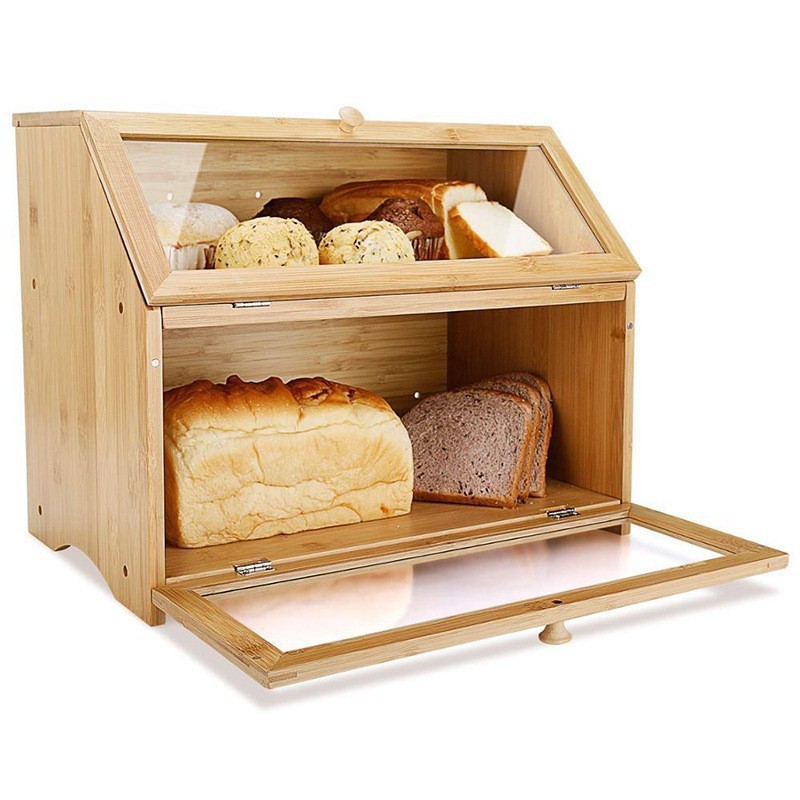 Caja de pan de bambú de dos niveles en stock, caja de pan de madera maciza con puerta corredera desmontable, caja de almacenamiento de cocina de tres niveles con cajones.
