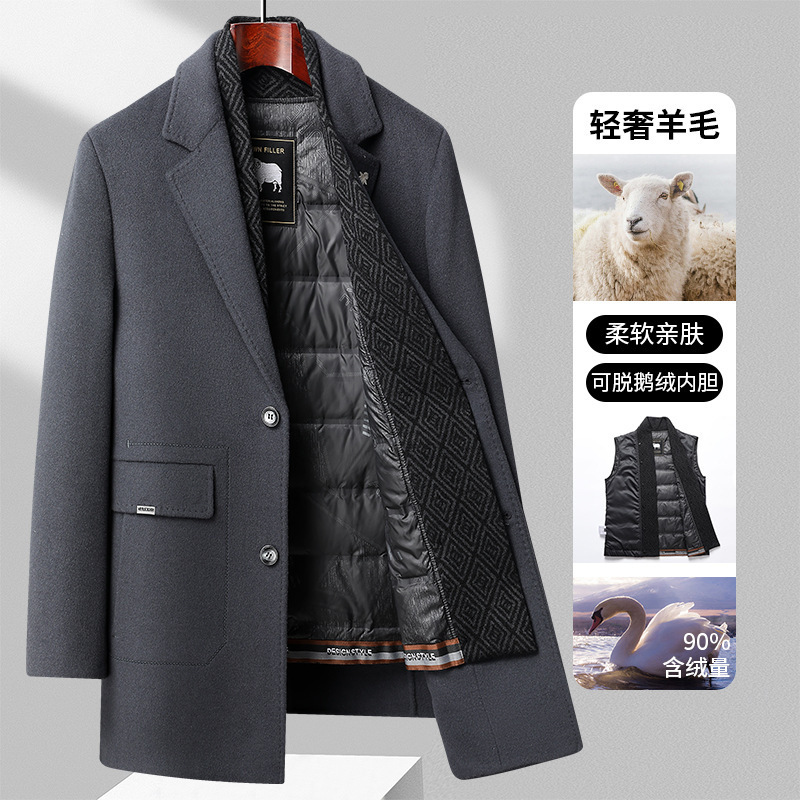 90 White goose down liner detachable double-sided woolen coat men's mid-length woolen coat thickened for autumn and winter