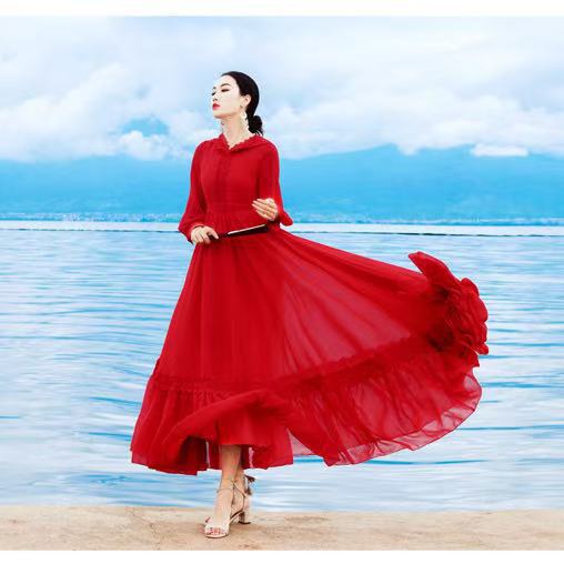Qinghai Lake Travel Photography Desert Long Dress Red Hooded Chiffon Fairy Dress Seaside Vacation Beach Dress Qinghai Lake Travel Photography Desert Long Dress Red Hooded Chiffon Fairy Dress Seaside Vacation Beach Dress