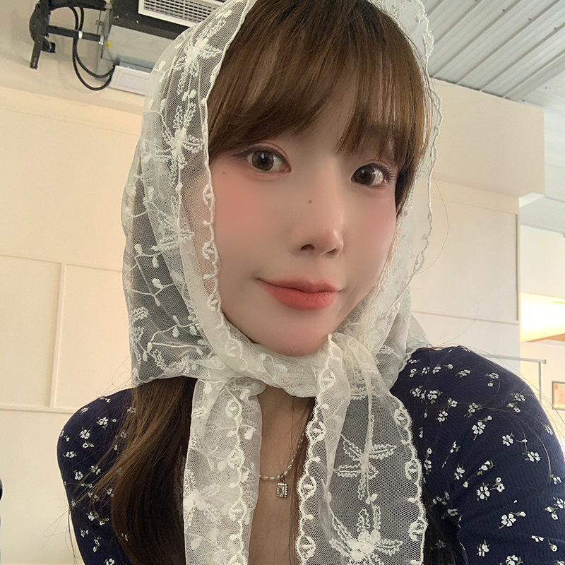 法式米色蕾丝头巾气质甜美可爱田园风三角巾春夏海边拍照头饰丝巾