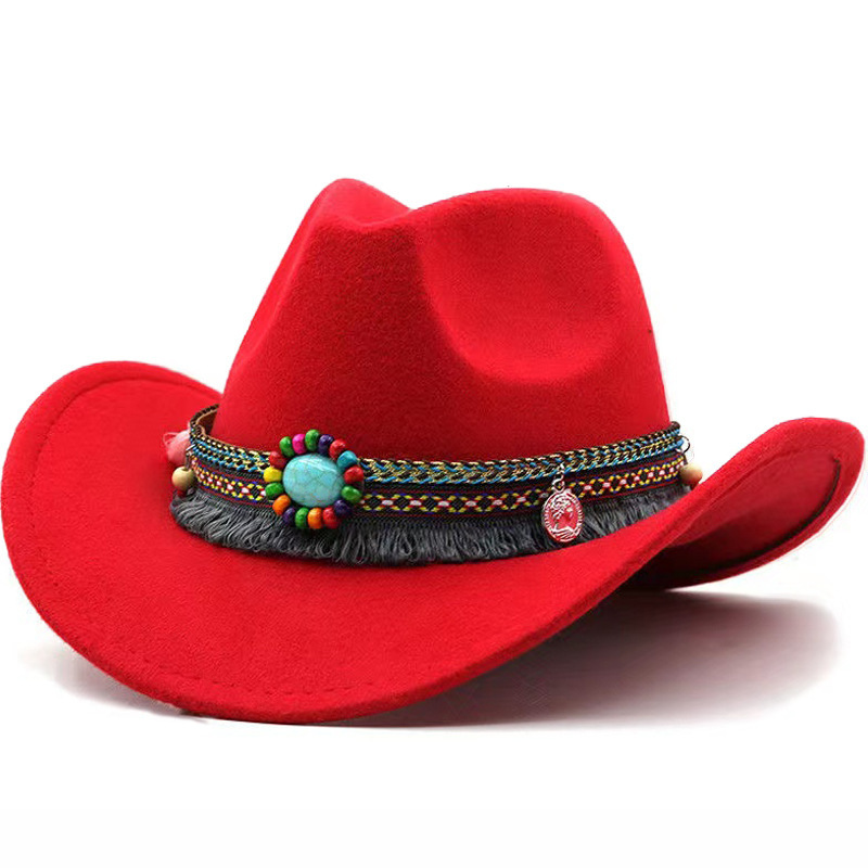 Simple Brim Hat Woolen Jazz Hat British Style Top Hat Ethnic Style Belt Solid Color Western Cowboy Hat