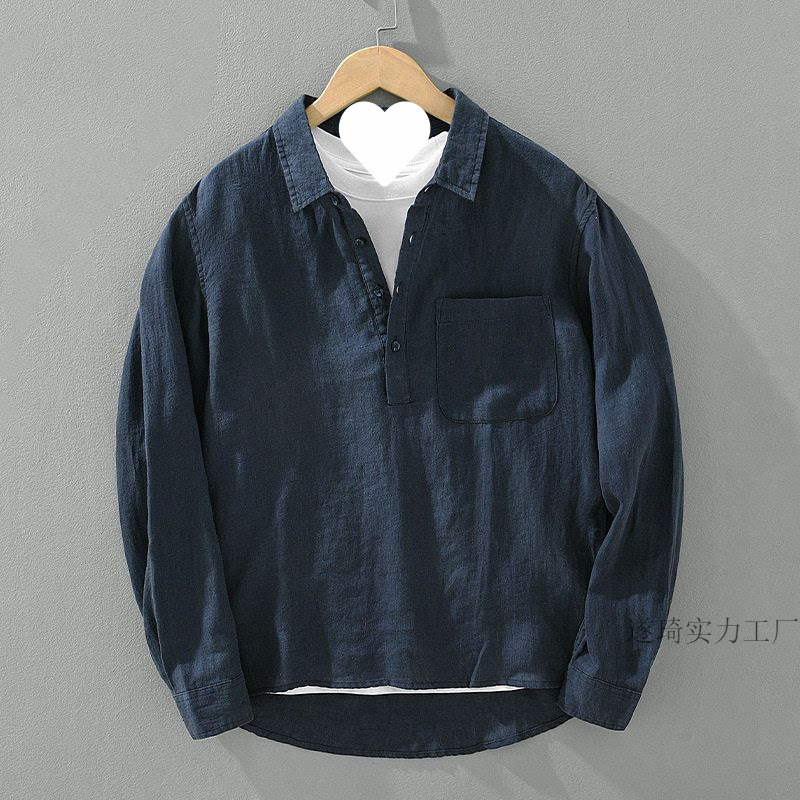 Japanese Retro Long-Sleeved Linen Shirt for Men, New Summer Style, Loose Pullover Square Collar Shirt, Casual Cotton and Linen Top