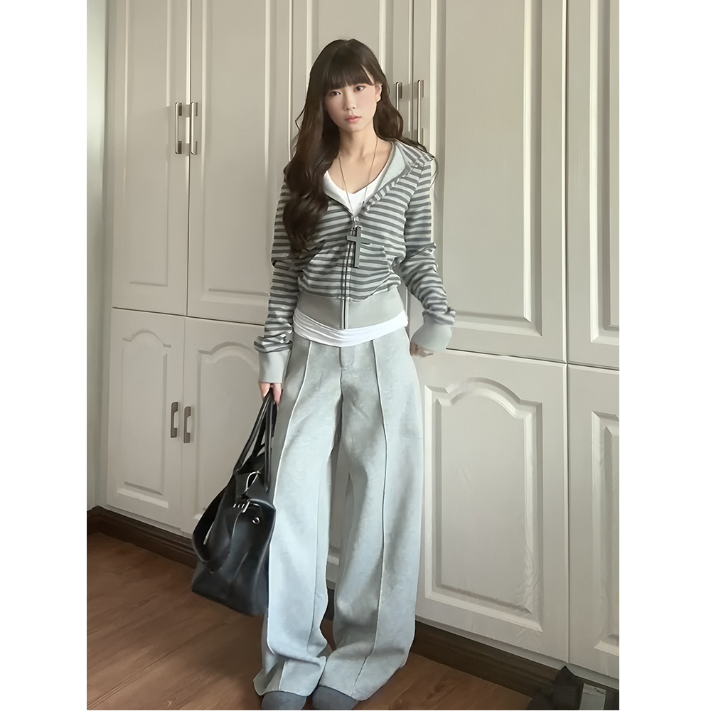 Korean-Style Striped Hooded Sweatshirt for Women, Autumn Slim-Fit Short Zip-Up Jacket, Casual