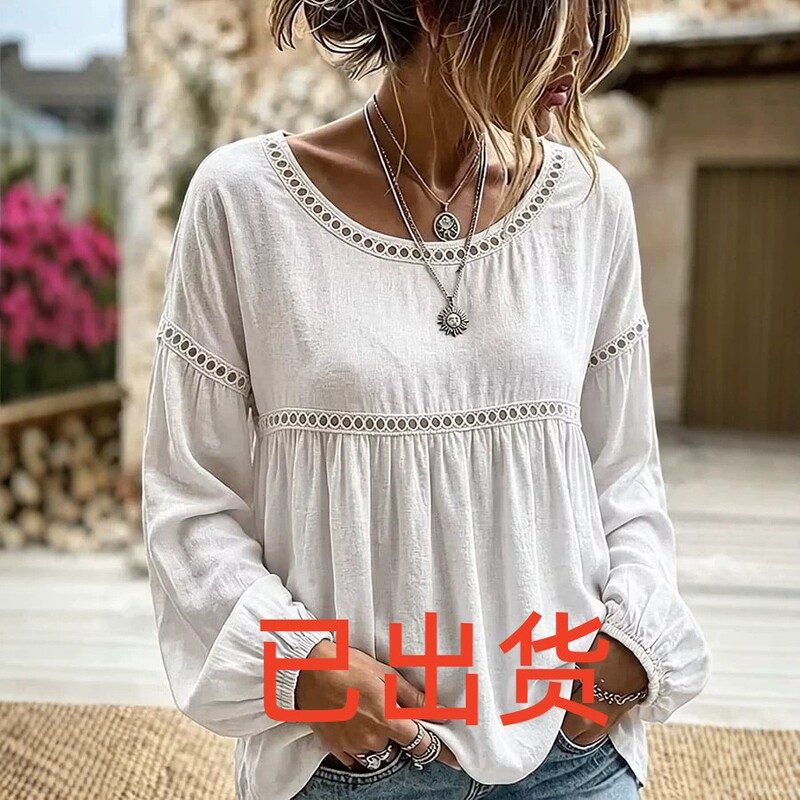 Amazon Independent Site Wish Autumn New Solid Color Round Neck Hollow-Out Casual Top with Lace Trim Shirt Amazon Independent Site Wish Autumn New Solid Color Round Neck Hollow-Out Casual Top with Lace Trim Shirt