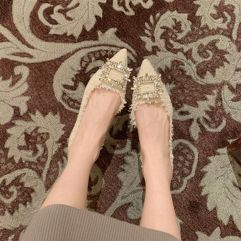 Готово в наличии ~ Женские туфли на плоской подошве Grape Mom в одном стиле со стразами осенью и зимой, толстый каблук, полый по бокам, низкий каблук, острый носок, квадратная пряжка, маленькие ароматные туфли