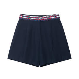 跨境外贸女装2025秋季新款休闲纯色气质饰边图案休闲短裤