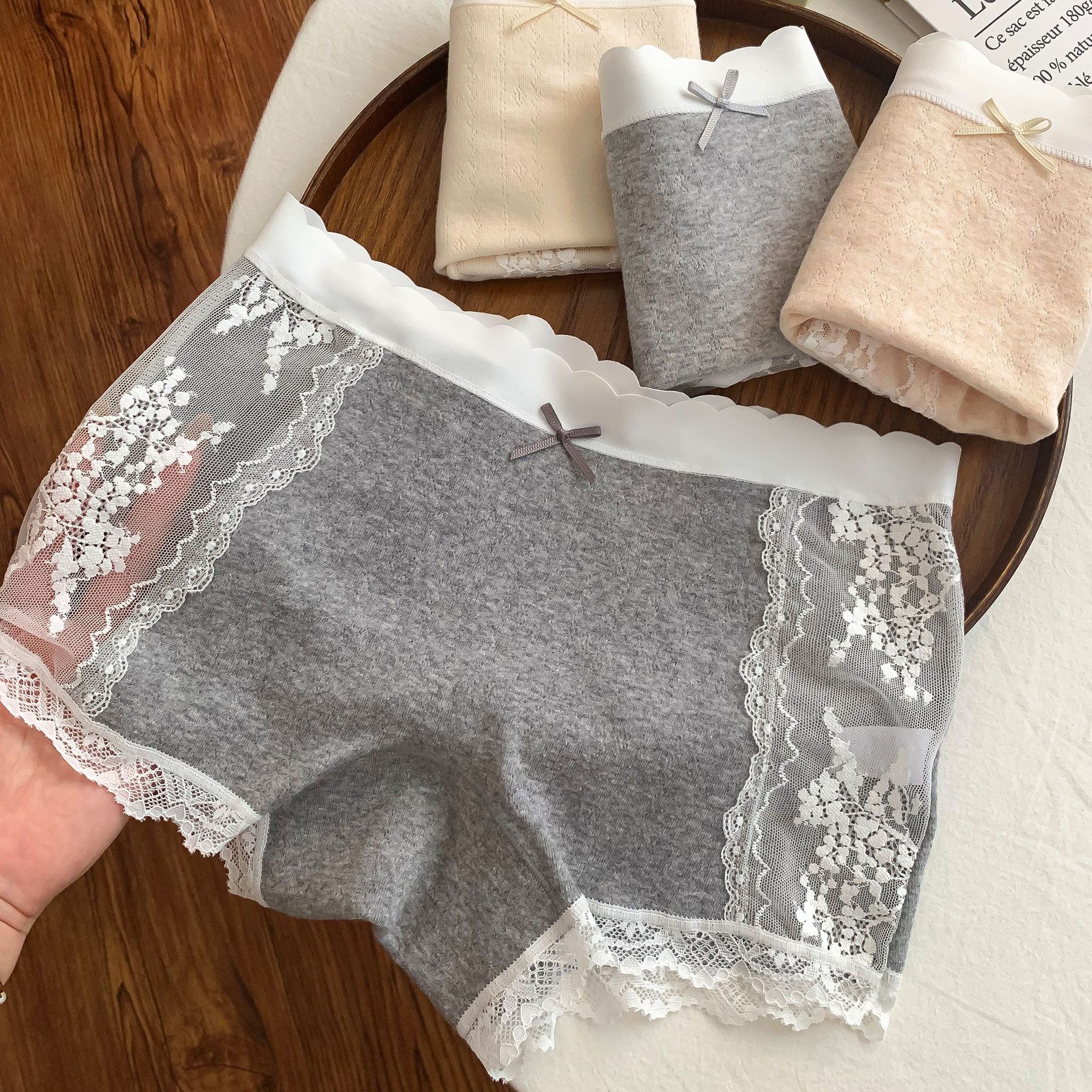 Matcha Girl Class a Pure Cotton Lace Splicing Girls' Two-In-One Boxer Briefs Mid-Waist Pure Cotton Antibacterial Crotch Breathable