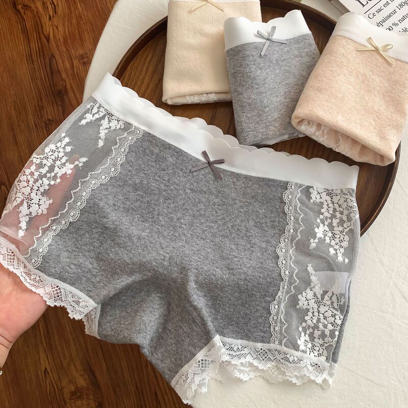 Matcha Girl Class a Pure Cotton Lace Splicing Girls' Two-In-One Boxer Briefs Mid-Waist Pure Cotton Antibacterial Crotch Breathable