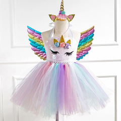 送翅膀蓬蓬裙亮片網紗手綁女童連衣裙 獨角兒童公主裙一件代發