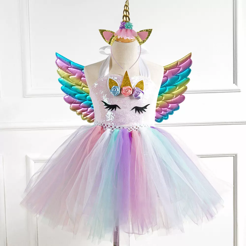 送翅膀蓬蓬裙亮片网纱手绑女童连衣裙 独角儿童公主裙一件代发