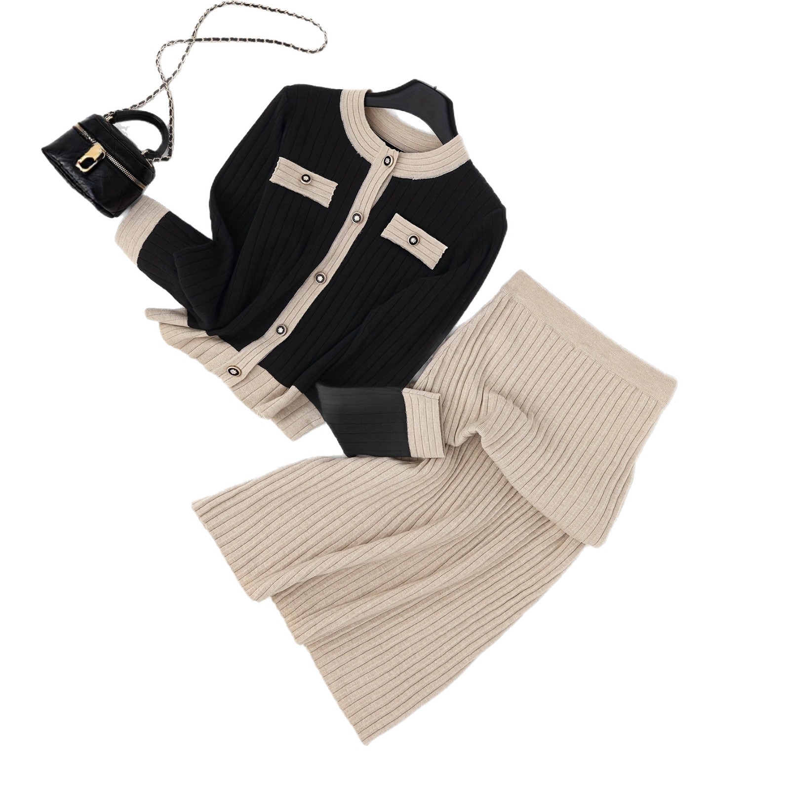 Elegant Knit Sweater & Solid Maxi Skirt Set – Color-Blocked Long Sleeve Top With Flowy Skirt_voghion.com