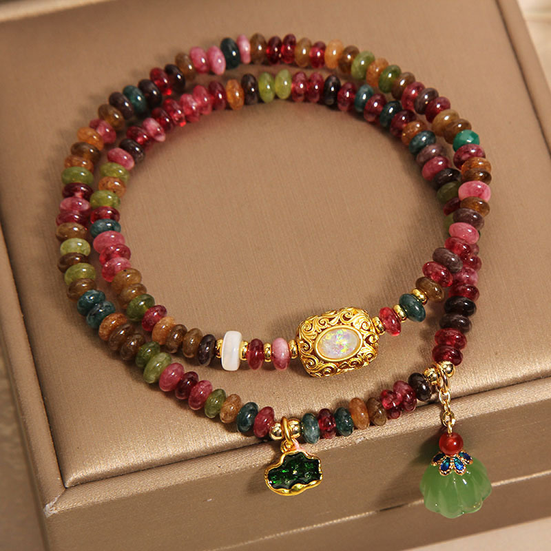 Authentic Rainbow Tourmaline Abacus Beads Double Circle Bracelet Women's New Chinese Style Light Luxury Niche Delicate Lotus Leaf Pendant