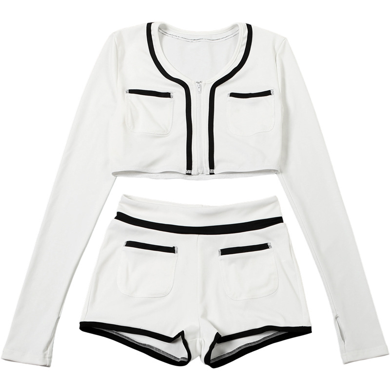 Autumn Bare Cropped Slim Fit Zipper Coat Top Color Matching Shorts Set 16 Autumn Bare Cropped Slim Fit Zipper Coat Top Color Matching Shorts Set