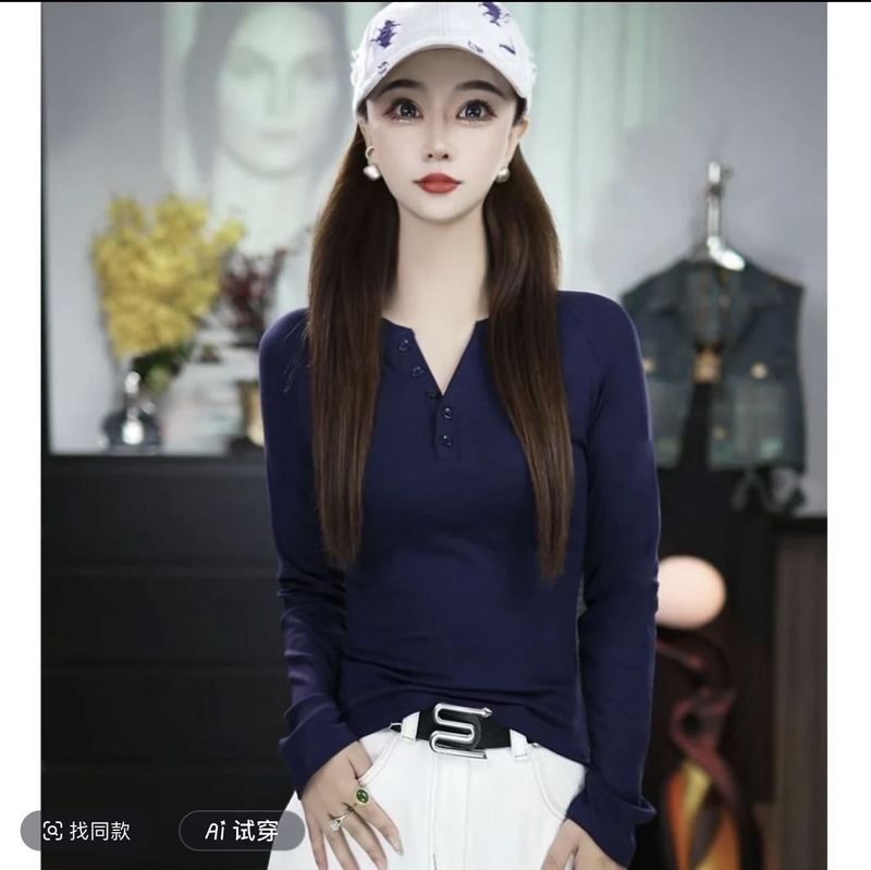 2025早秋小众设计V领纽扣打底衫女修身长袖辣妹显瘦正肩开衫上衣|undefined