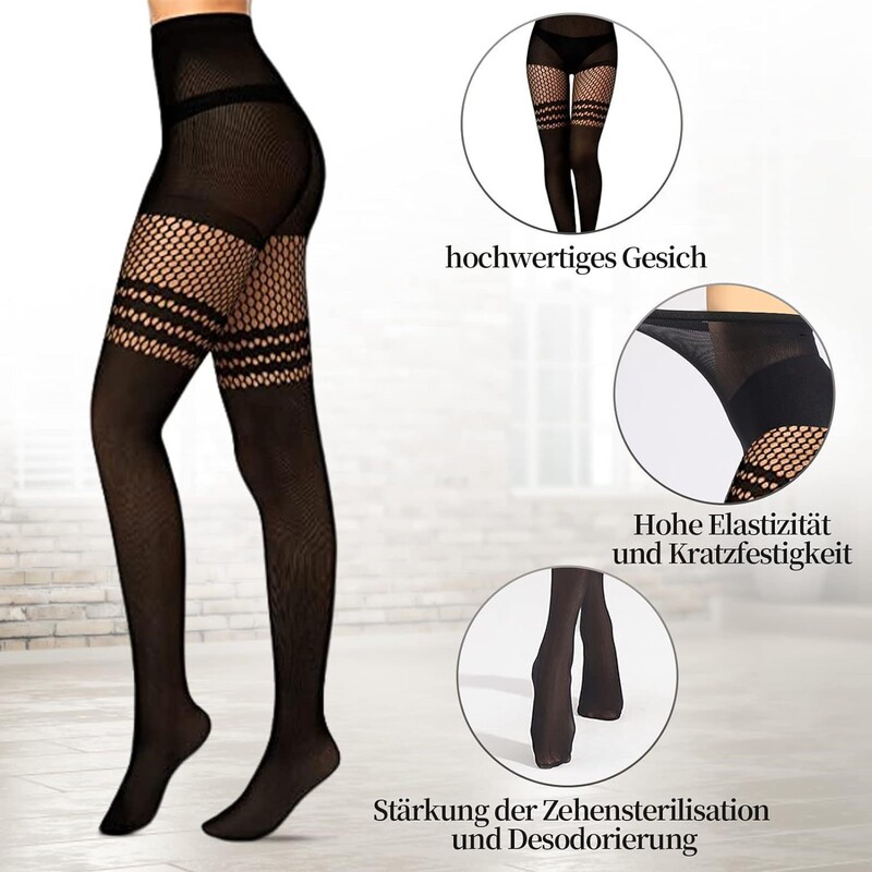 Fishnet Stockings Spliced Pantyhose with Suspenders, Black Mesh Hollow Breathable European and American Halloween Stockings for Women