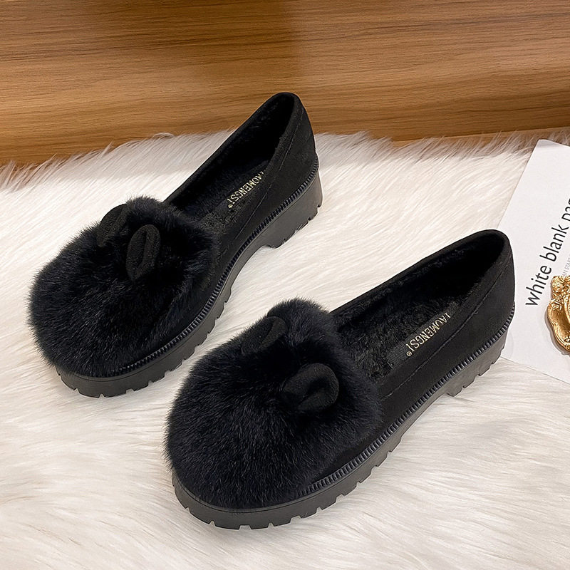 Giày bông nữ gót vuông thấp lót lông thỏ giữ ấm, mũi tròn, đế dày — Màu xám, Màu đen