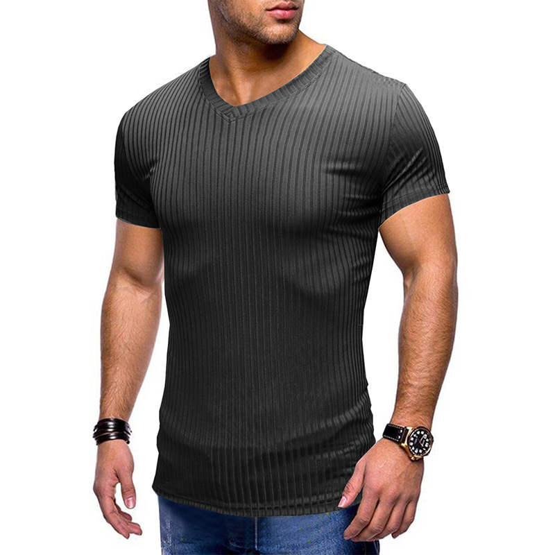 Cross-border Summer Men's Sports Fitness Short-sleeved T-shirt European and American Men's Wear Slim-fit V-neck Top Foreign Trade Knitted Shirt Cross-border Summer Men's Sports Fitness Short-sleeved T-shirt European and American Men's Wear Slim-fit V-neck Top Foreign Trade Knitted Shirt