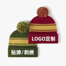 欧美大头围保暖帽针织提花帽男女针织帽户外拼色毛球毛线帽子腈纶