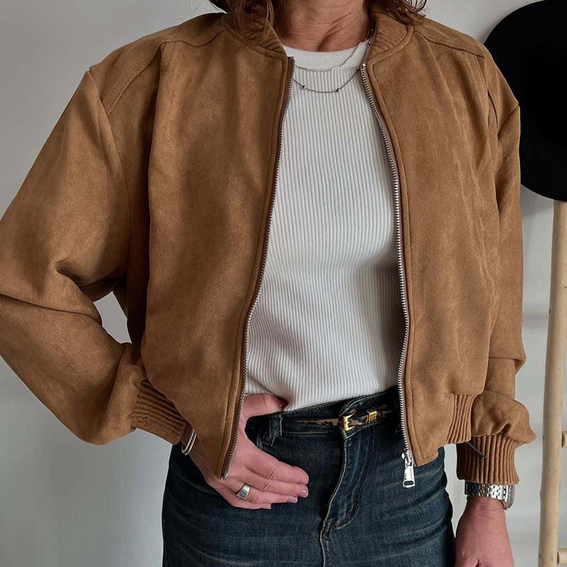 Cross-Border European and American Women's Clothing Amazon Autumn and Winter New Fashion Versatile Suede Solid Color Zipper Jacket Women's Coat Cross-Border European and American Women's Clothing Amazon Autumn and Winter New Fashion Versatile Suede Solid Color Zipper Jacket Women's Coat